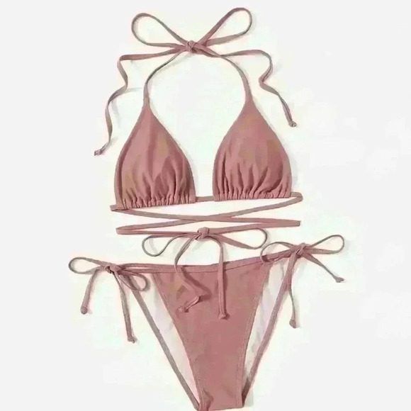 NWT Solid Rose Pink Ruched Double Wrap Triangle Tie Bikini SET - Picture 6 of 11